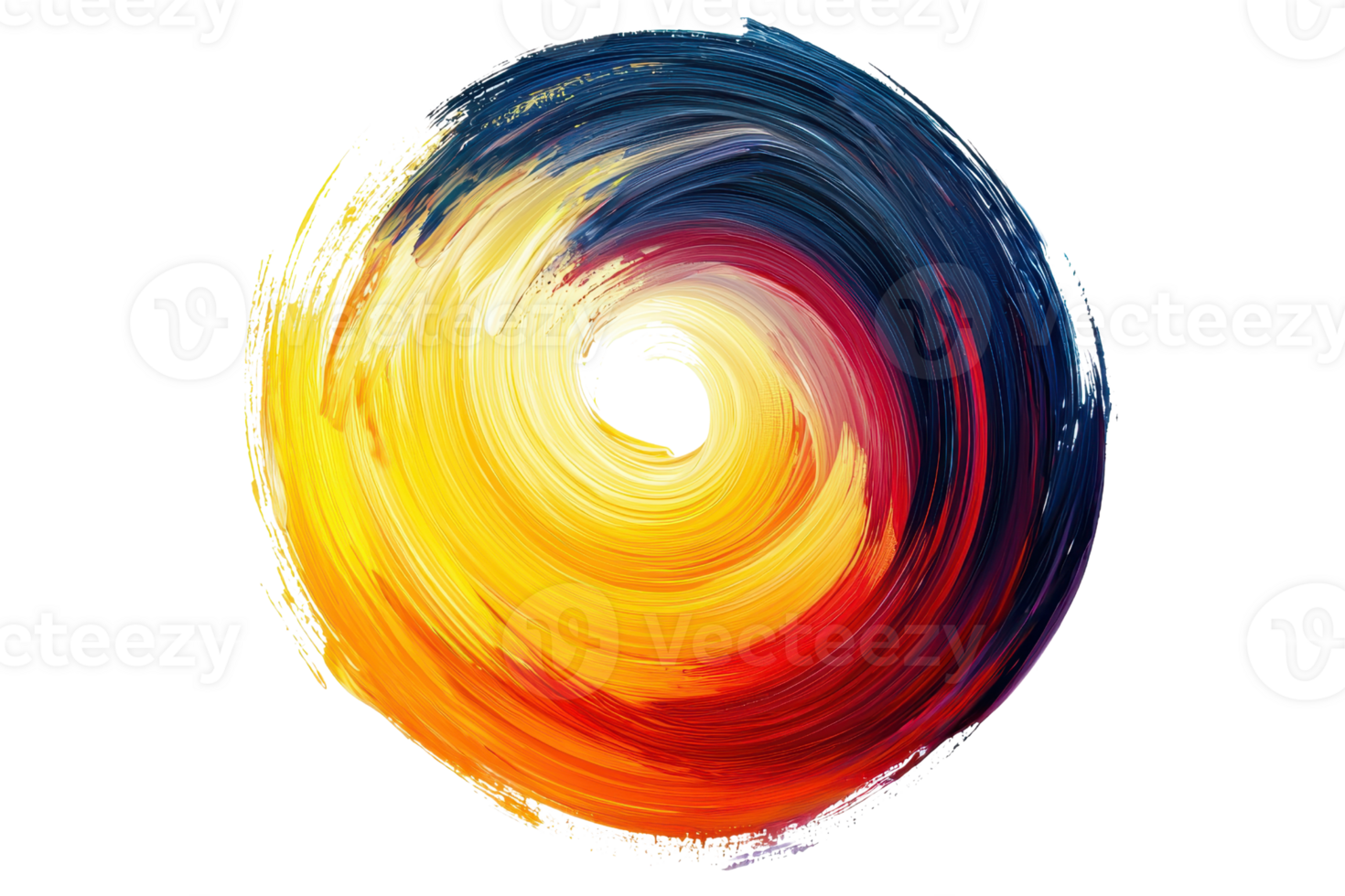Abstract swirl of vibrant colors creating a captivating gradient of red, orange, and blue hues in a dynamic circular pattern. png
