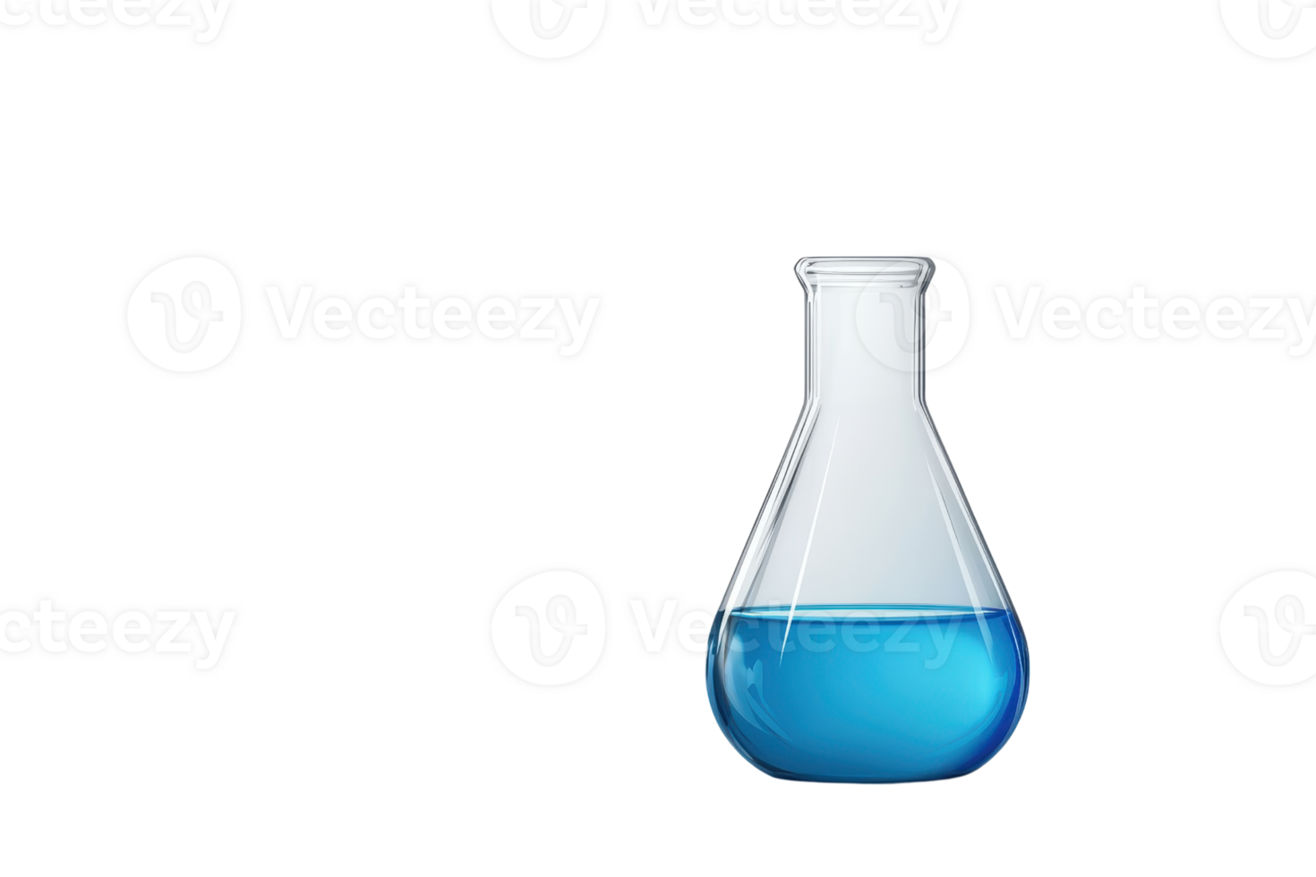 Clear laboratory flask filled with vibrant blue liquid, isolated on transparent background. Perfect for chemistry and science projects. png
