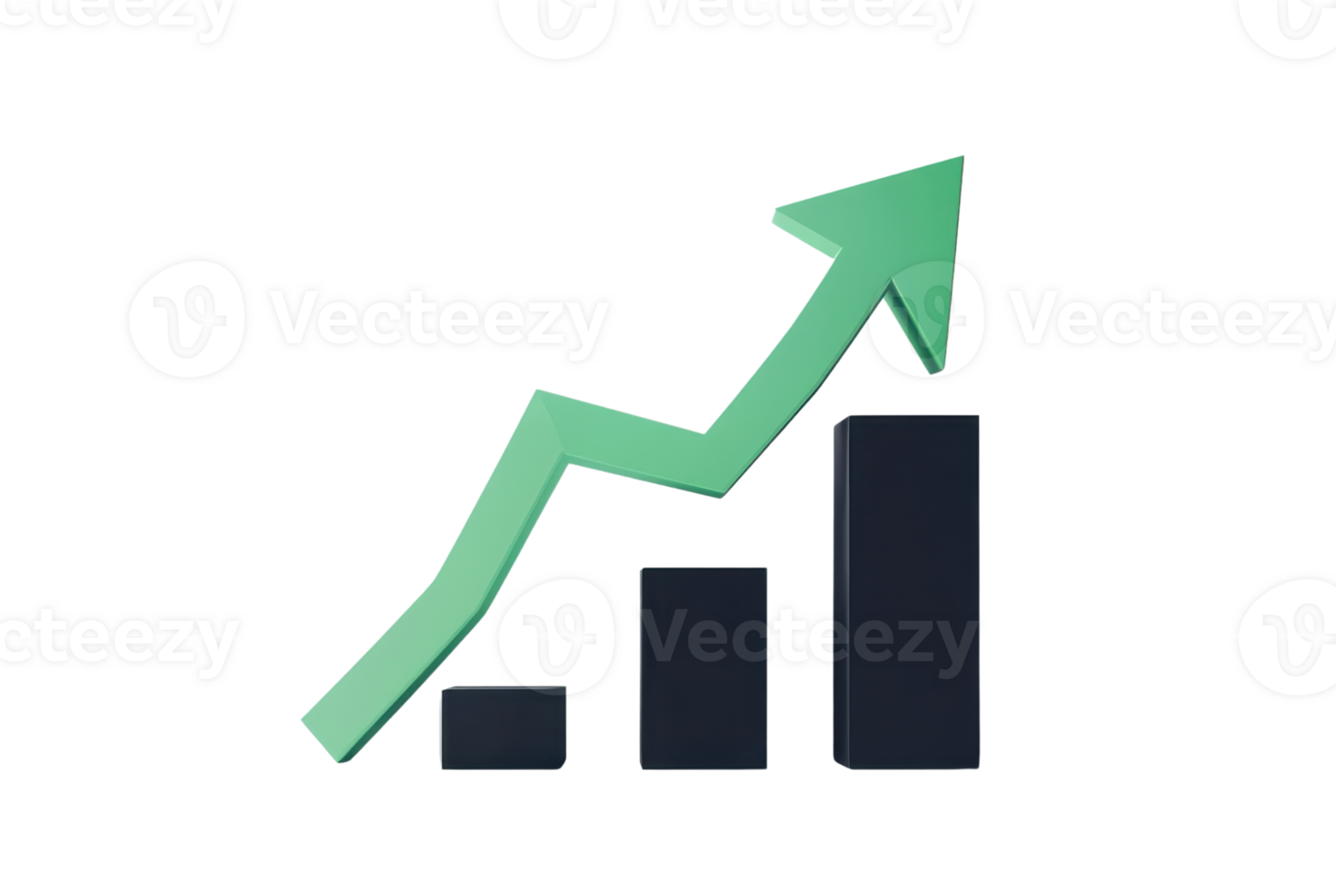 Business growth concept with a green arrow pointing upwards on a bar chart, symbolizing success, progress, and financial improvement. png