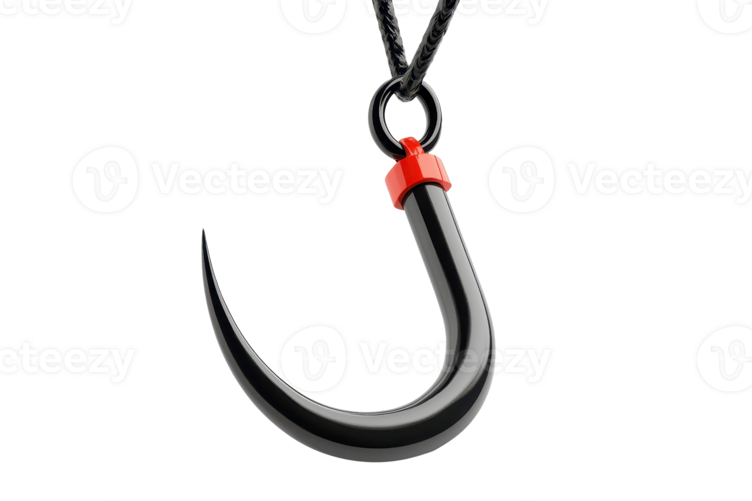 Close-up image of a black fishing hook with a red accent, sharp and shiny, isolated on a transparent background. highlighting detail and design. png