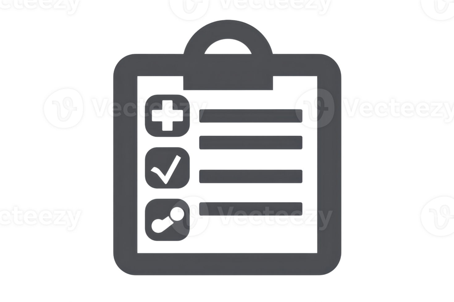 Black medical checklist icon with three items health plus, check mark, and bandage, symbolizing healthcare examination and assessment. png