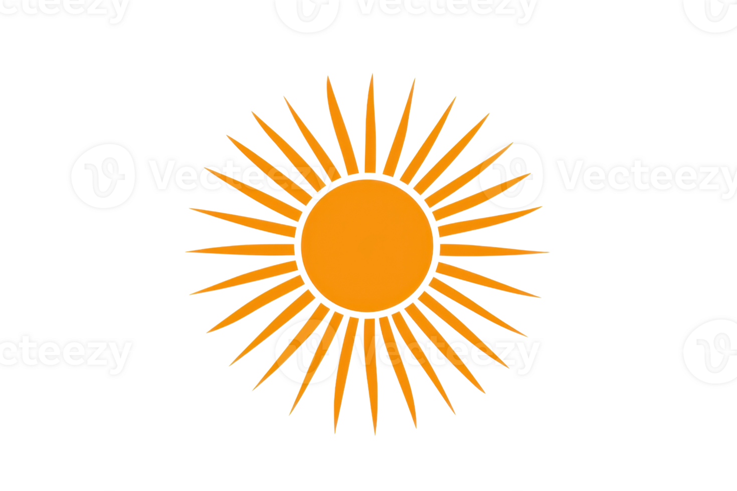 Bright orange stylized sun with radiating rays on a transparent background, symbolizing warmth, energy, and positivity in a minimalist design. png