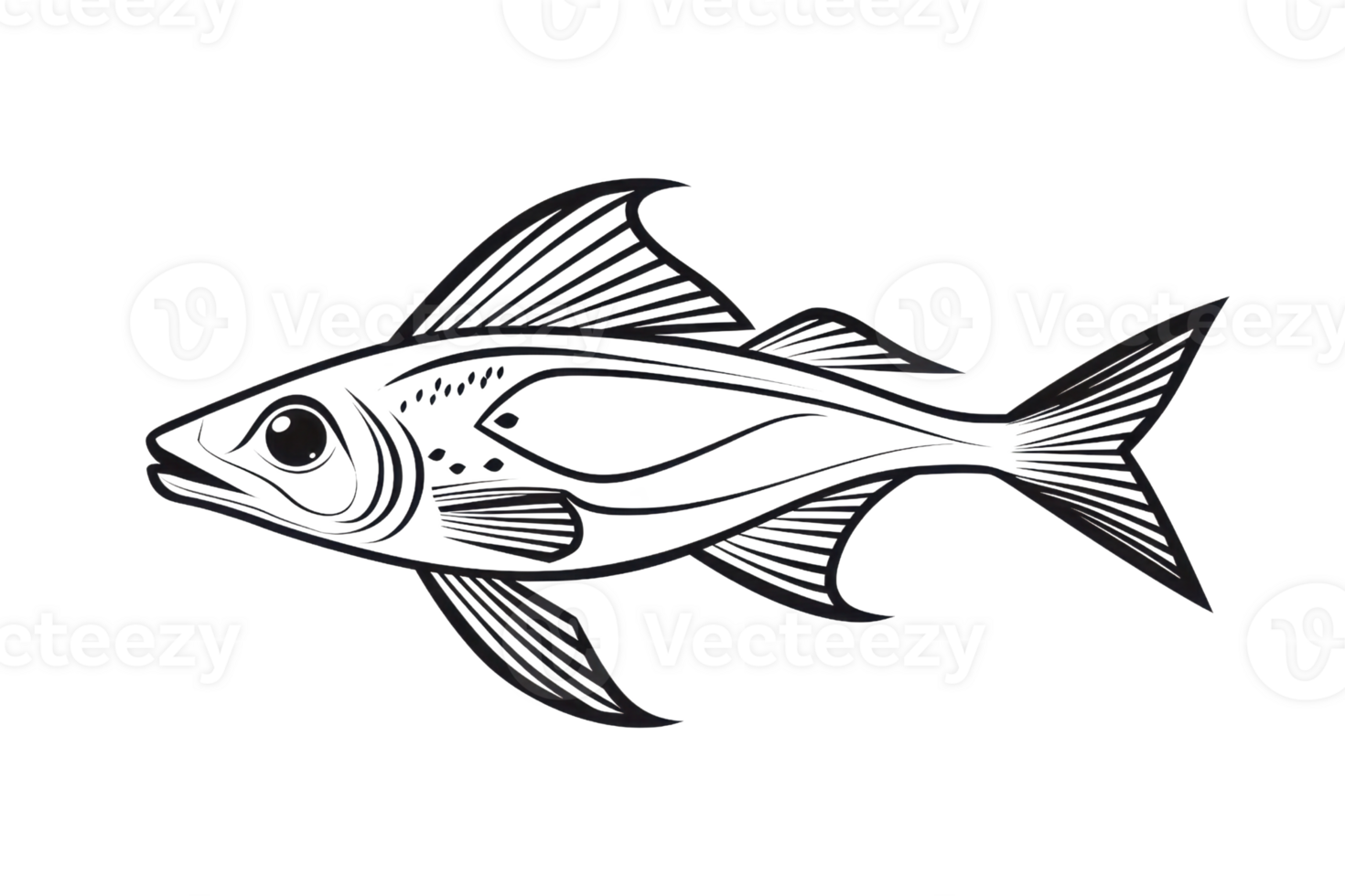 Black and white illustration of detailed fish with intricate line patterns, highlighting underwater beauty and artistic design. png