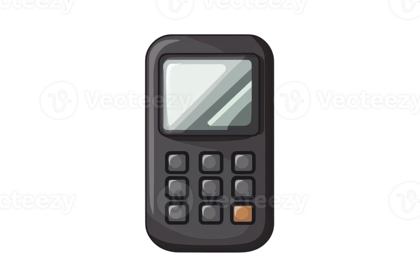 Cartoon illustration of a vintage mobile phone with keypad buttons and a small screen. Retro communication technology concept. png