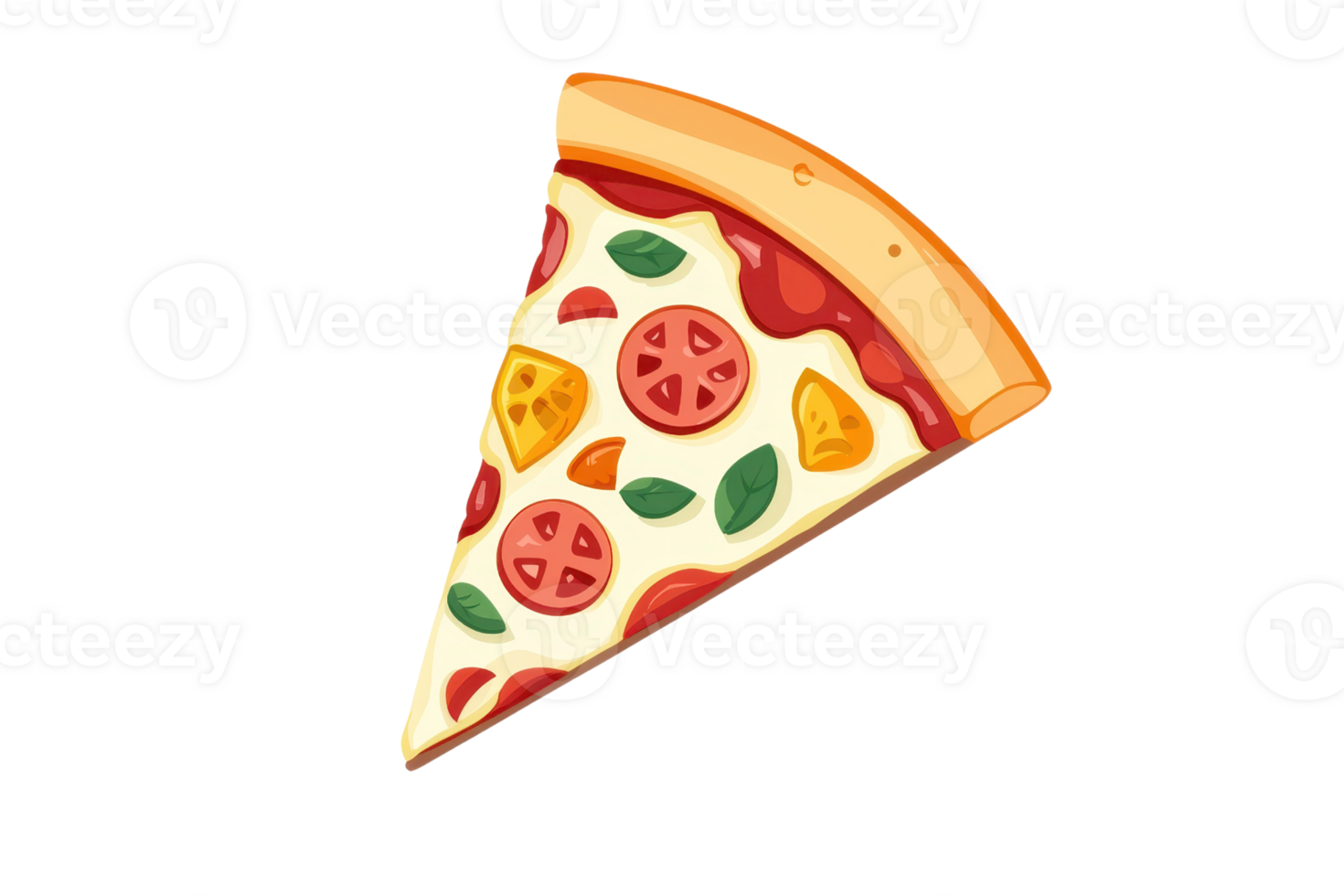 Cartoon slice of pizza with tomato, cheese, and basil. Perfect for food illustrations, menus, or Italian-themed designs. png