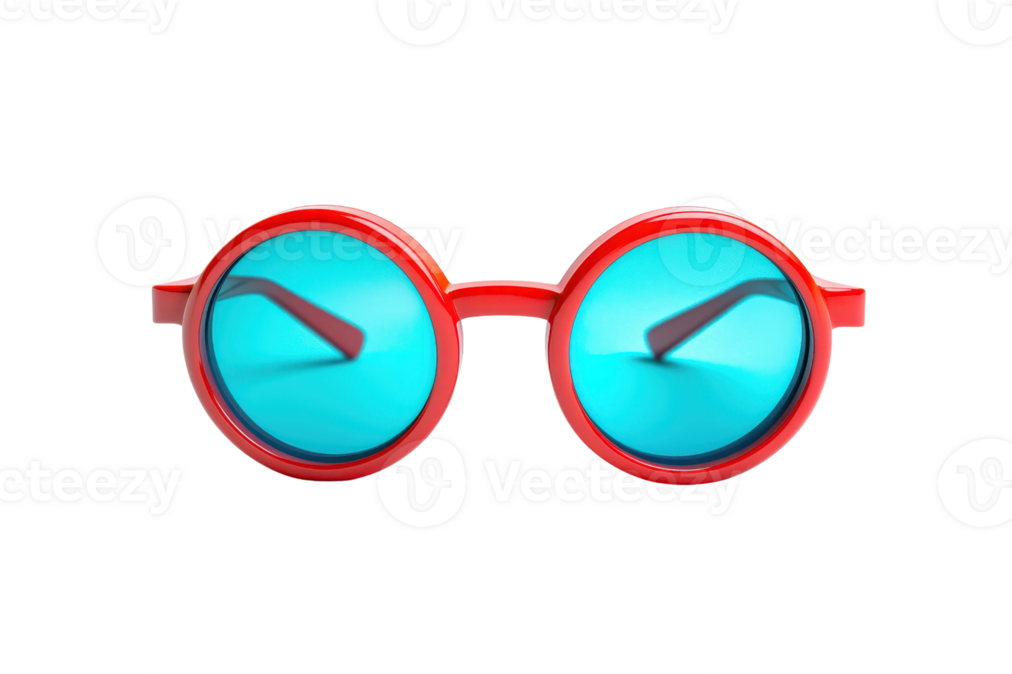 Bright red round sunglasses with blue lenses on a transparent background. showcasing a trendy and stylish summer accessory. png