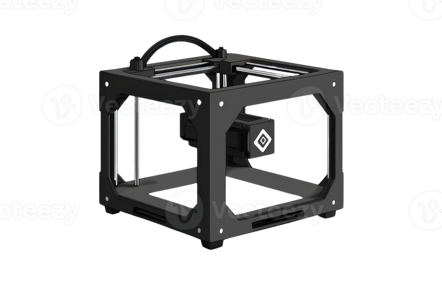 Black minimalist 3D printer with open-frame design, perfect for innovative prototyping and modern manufacturing applications. png