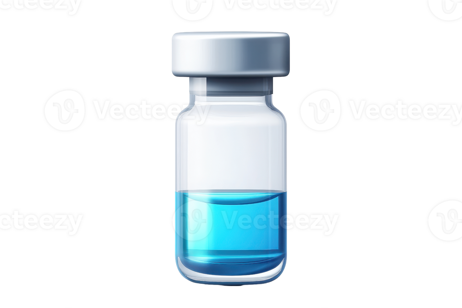 Clear glass medical vial with blue liquid, representing scientific research, vaccination, and pharmaceutical healthcare on transparent background. png