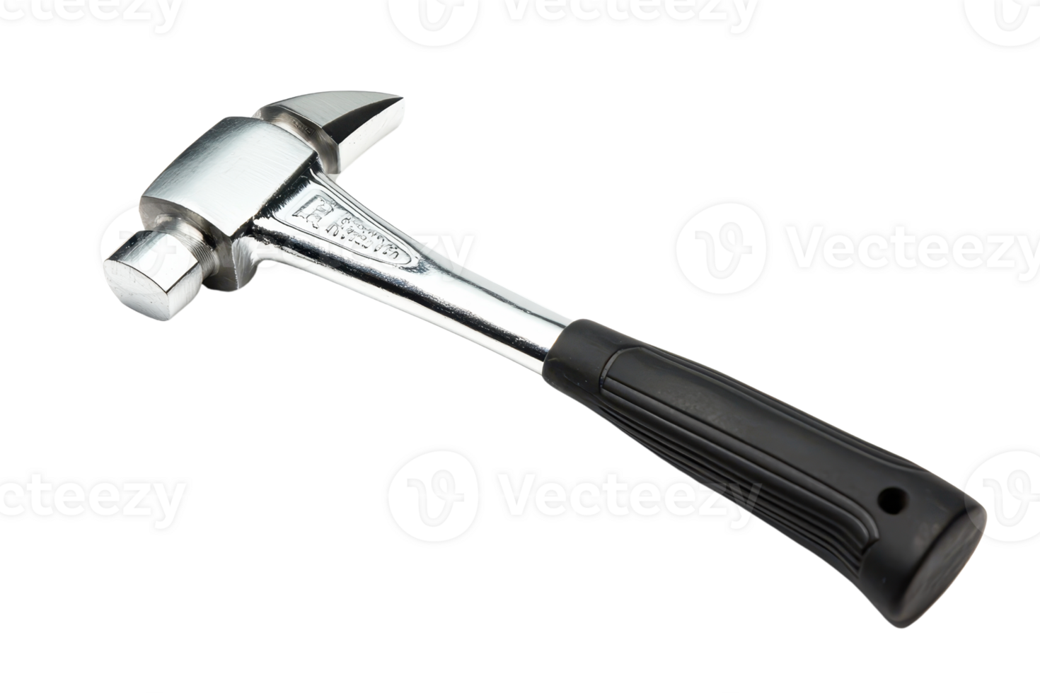 Chrome-plated hammer with black rubber grip handle, isolated on white. Essential tool for carpentry, DIY projects, and construction work. png