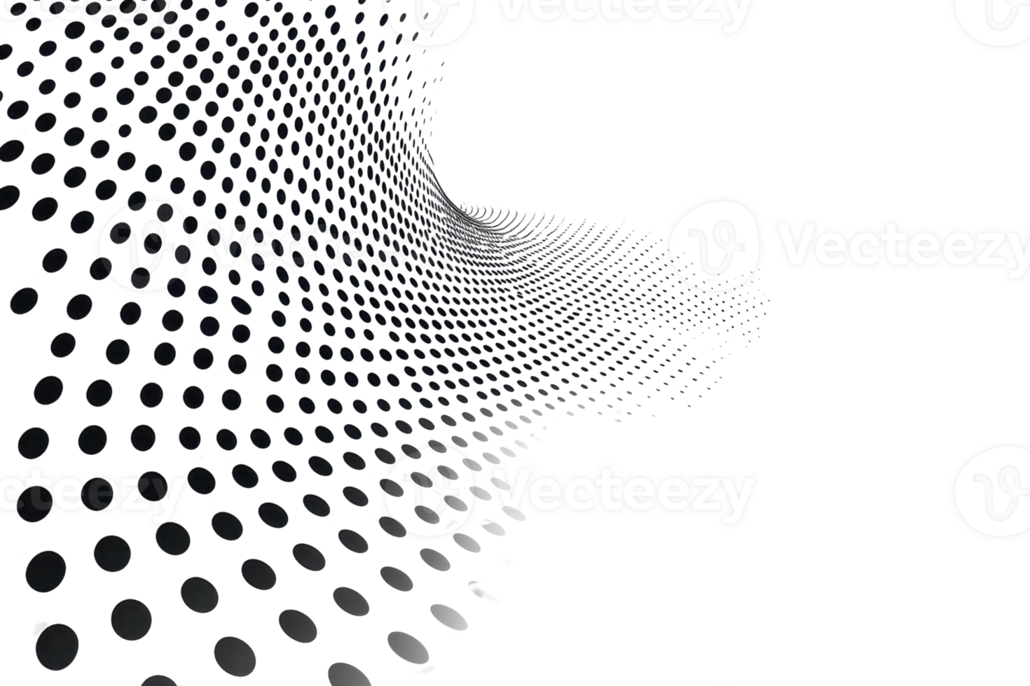 Abstract wave of black and white dot pattern forming a dynamic curved shape, conveying a sense of movement and fluidity against a dark backdrop. png