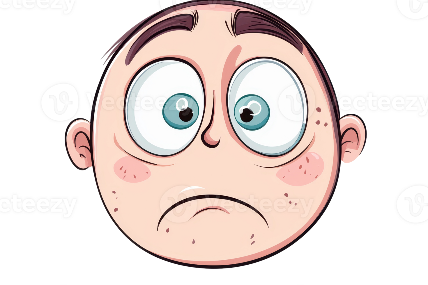 Cartoon illustration of a surprised face with wide eyes and a puzzled expression, showcasing exaggerated emotions and humorous artwork. png
