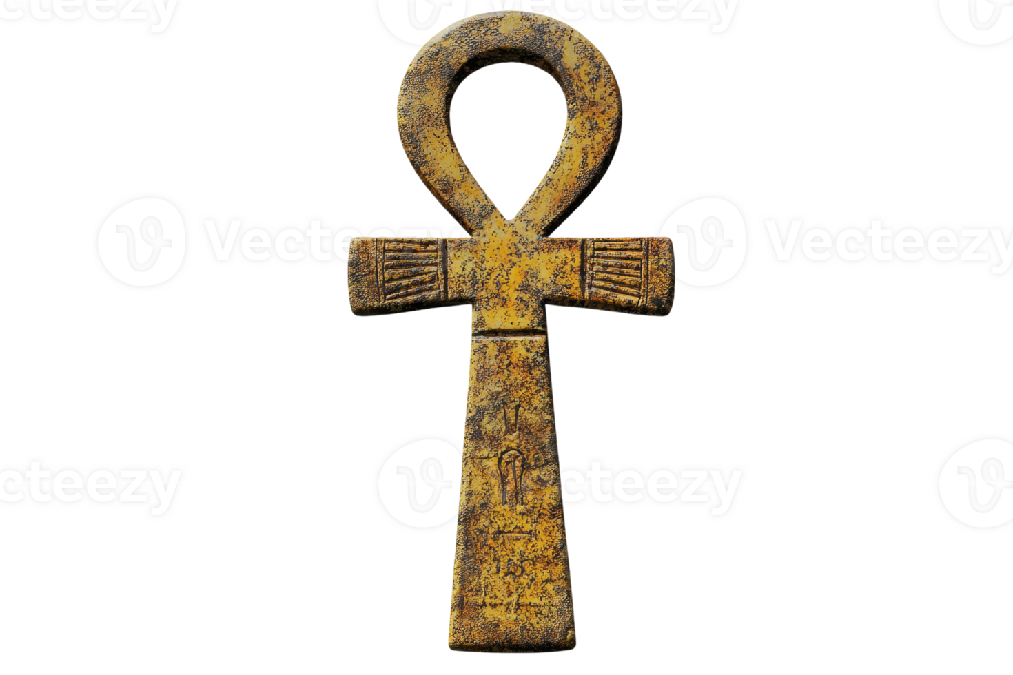 Ancient Egyptian ankh symbol, representing life and immortality, isolated on a transparent background. Antique golden color and detailed texture. png