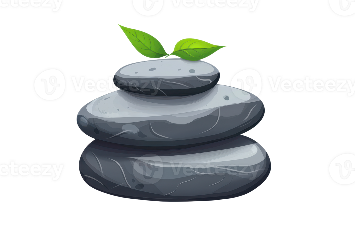 Balanced stack of smooth stones with green leaves symbolizing peace, harmony, and mindfulness in a natural setting. png