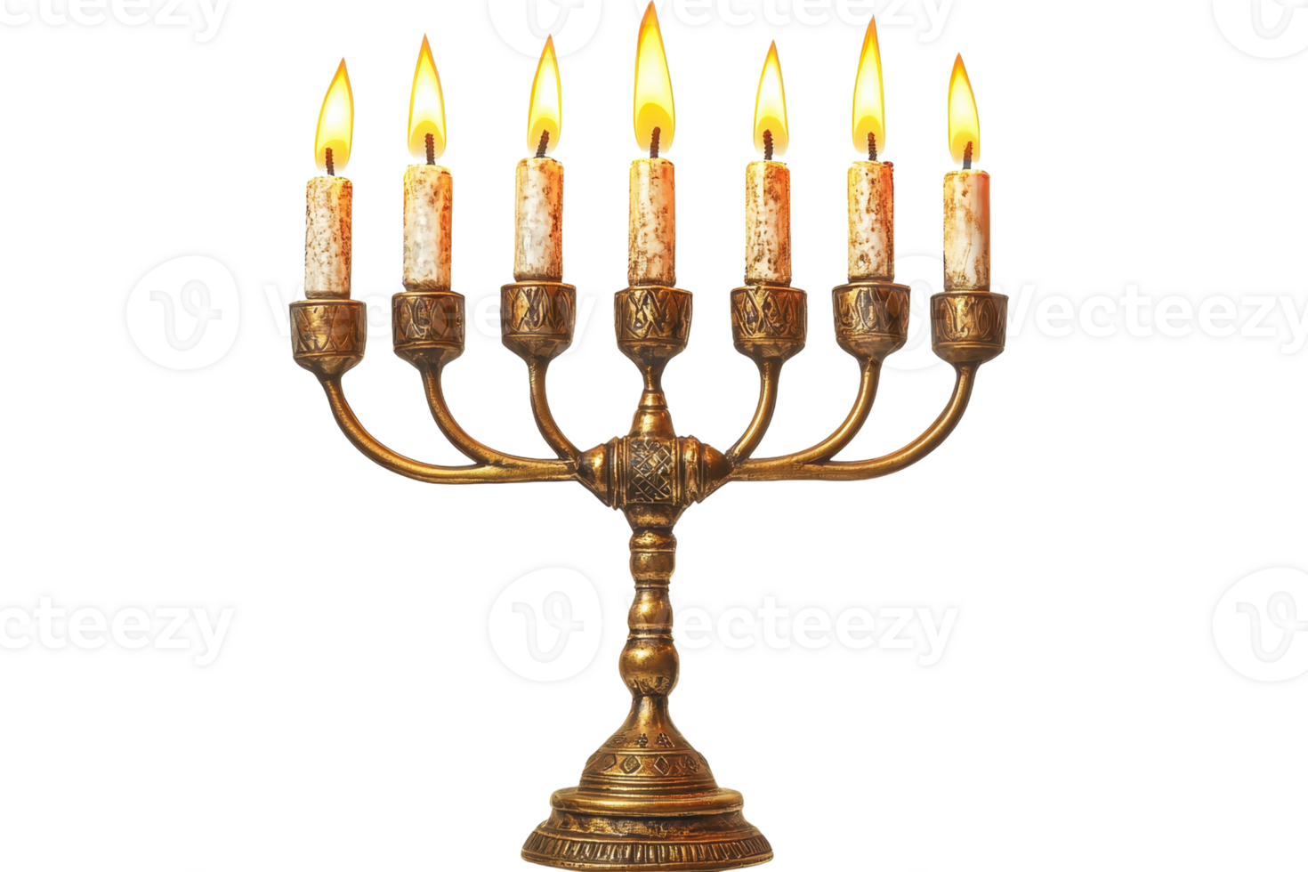 Antique brass menorah with seven lit candles, symbolizing a traditional Jewish candelabrum for Hanukkah celebrations. png