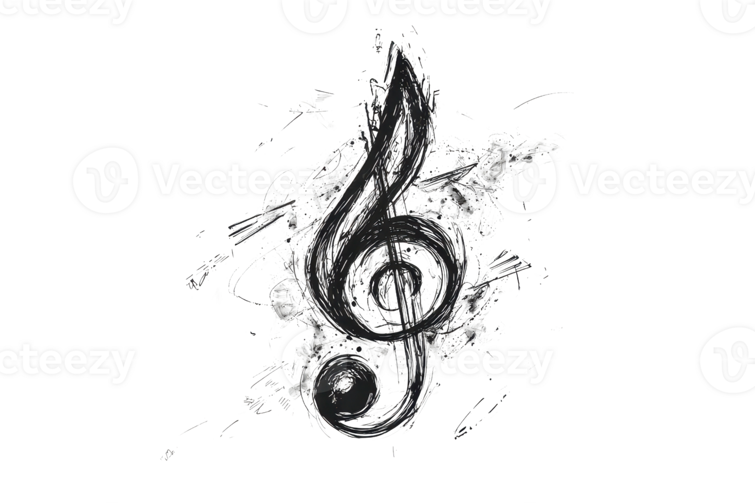 Artistic black and white illustration of a musical treble clef with abstract swirls, symbolizing creativity and passion in music. png