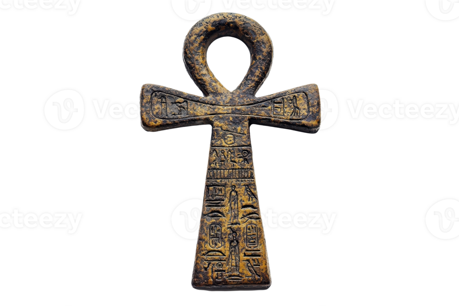 Ancient Egyptian ankh symbol with hieroglyphs, representing life and spirituality on a transparent background. png