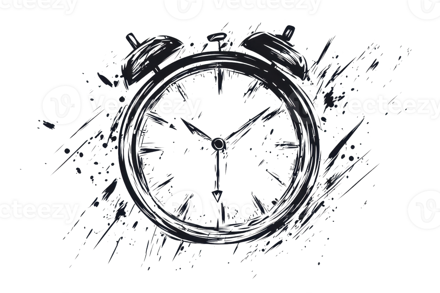 Artistic black and white alarm clock with ink splatter effect, symbolizing time, urgency, and creativity in a dynamic visual style. png
