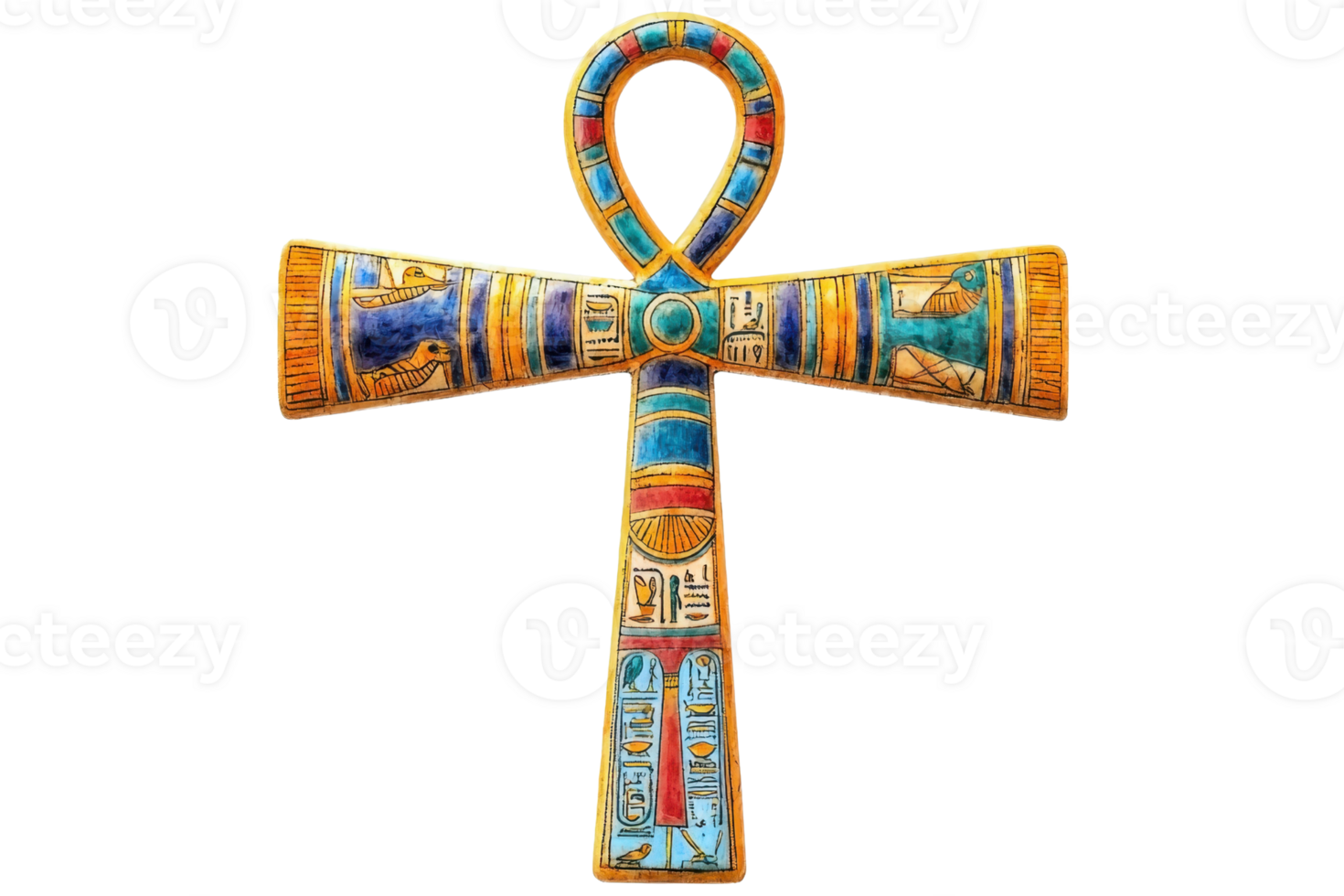 Ancient Egyptian ankh symbol with colorful patterns, representing life and spirituality in mystical art and cultural heritage. png