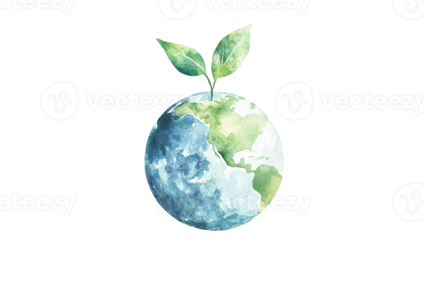 Artistic watercolor illustration of Earth with growing plant, symbolizing global sustainability, renewal, and ecological balance. png