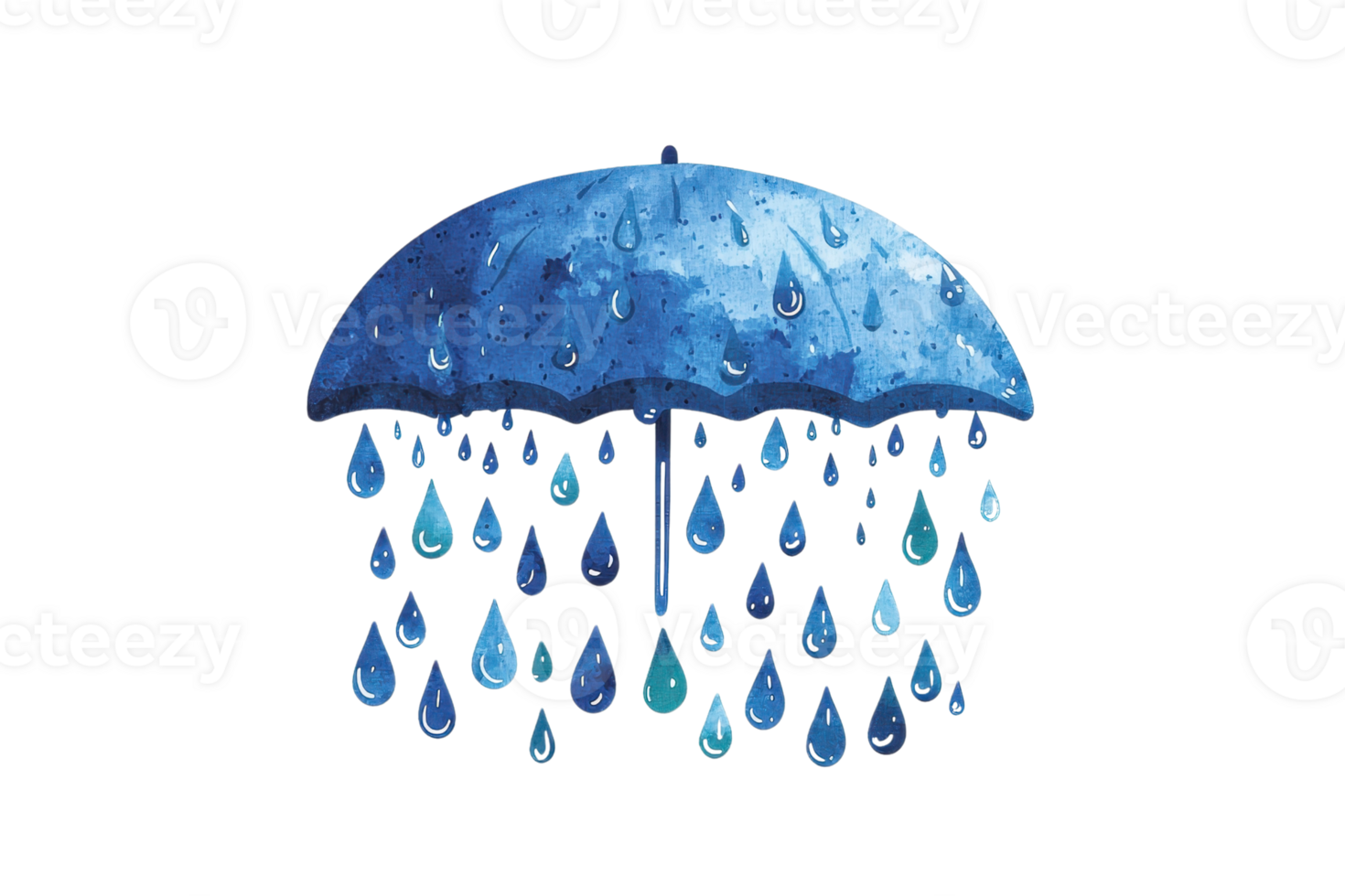 Artistic illustration of a blue umbrella adorned with falling raindrops, symbolizing rainy weather, protection, and creativity. png