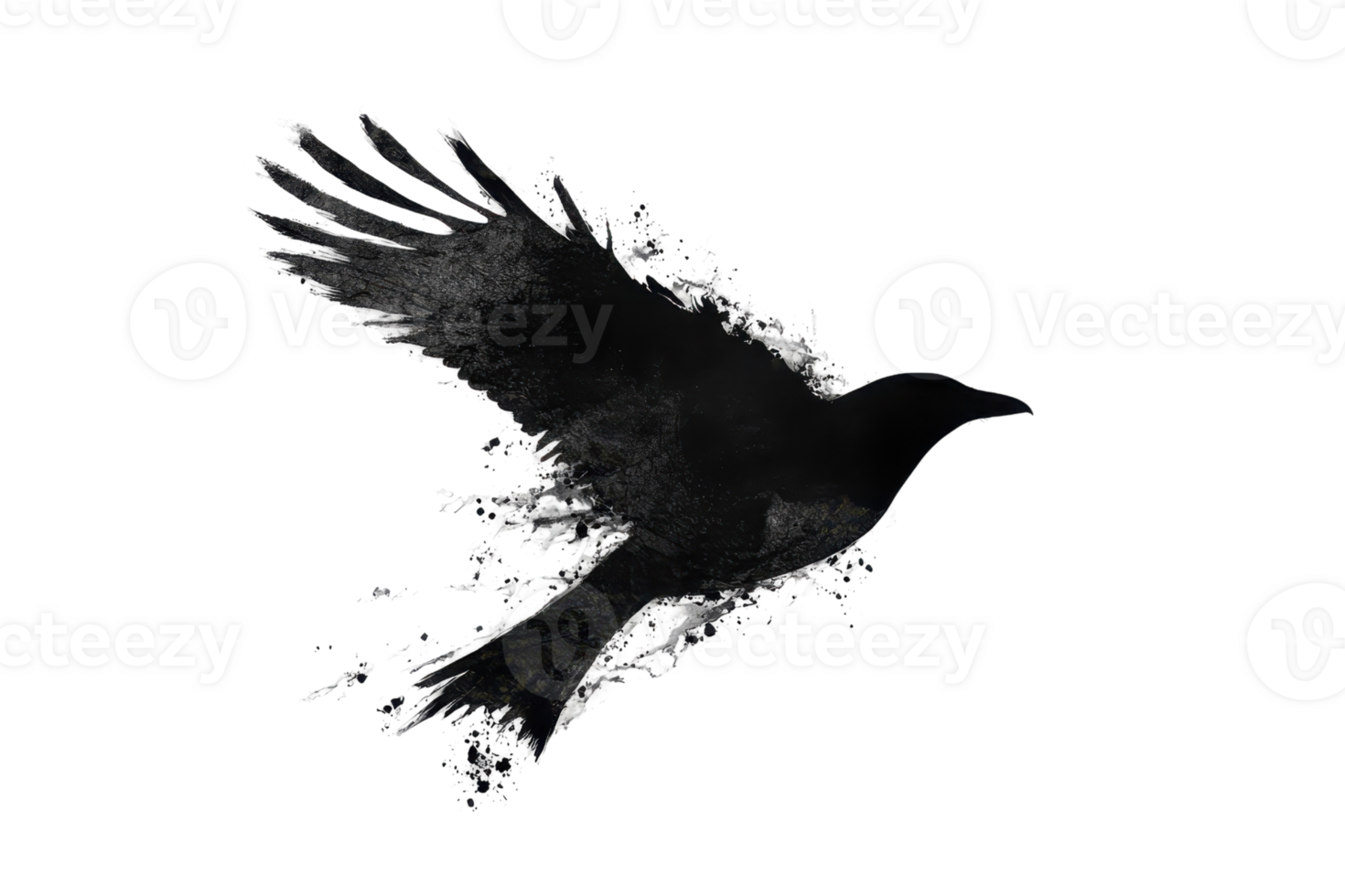 Artistic depiction of a raven mid-flight with a watercolor effect, blending realism and fantasy in a striking silhouette against a transparent background. png