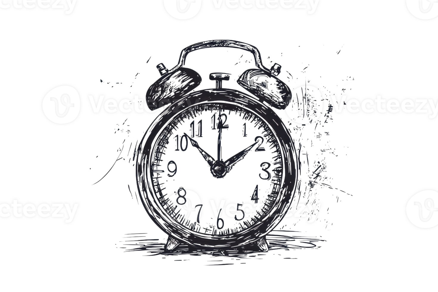 Artistic sketch of a classic alarm clock in black and white, showcasing intricate details and vintage design elements. png