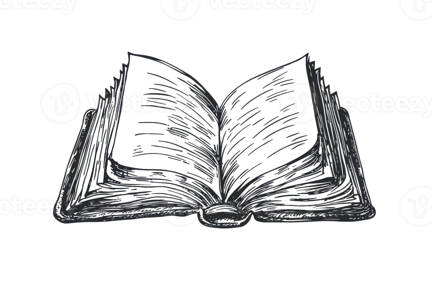 Black and white illustration of an open book with visible text lines, symbolizing knowledge, literature, and the world of reading and education. png