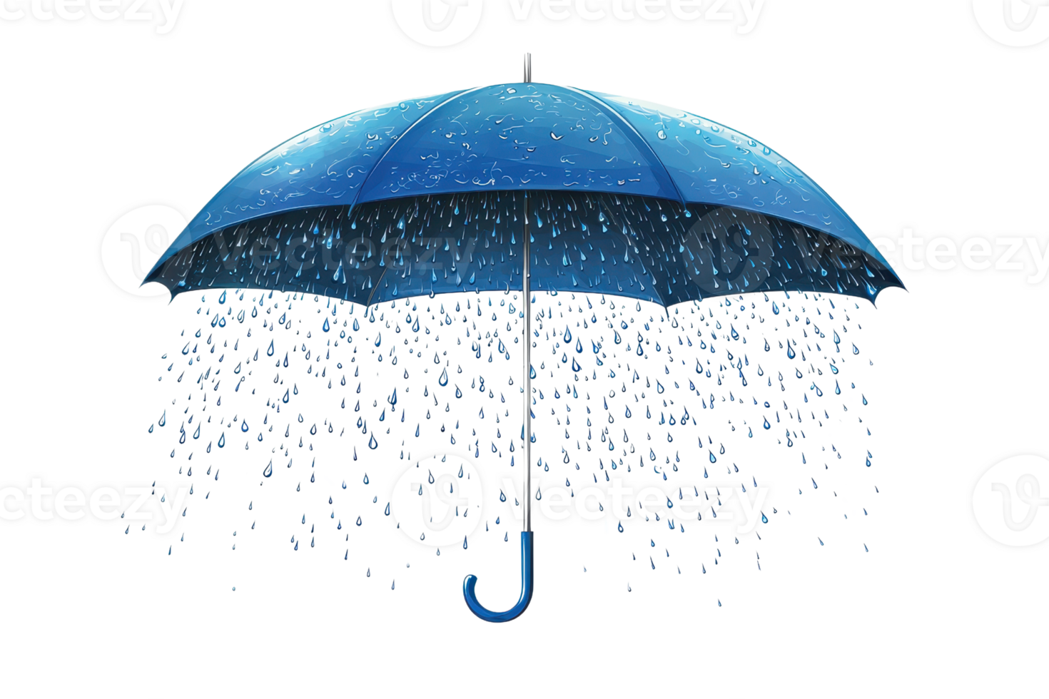 Blue umbrella with rain drops isolated on transparent background. symbolizing protection and rainy weather in a refreshing illustration. png