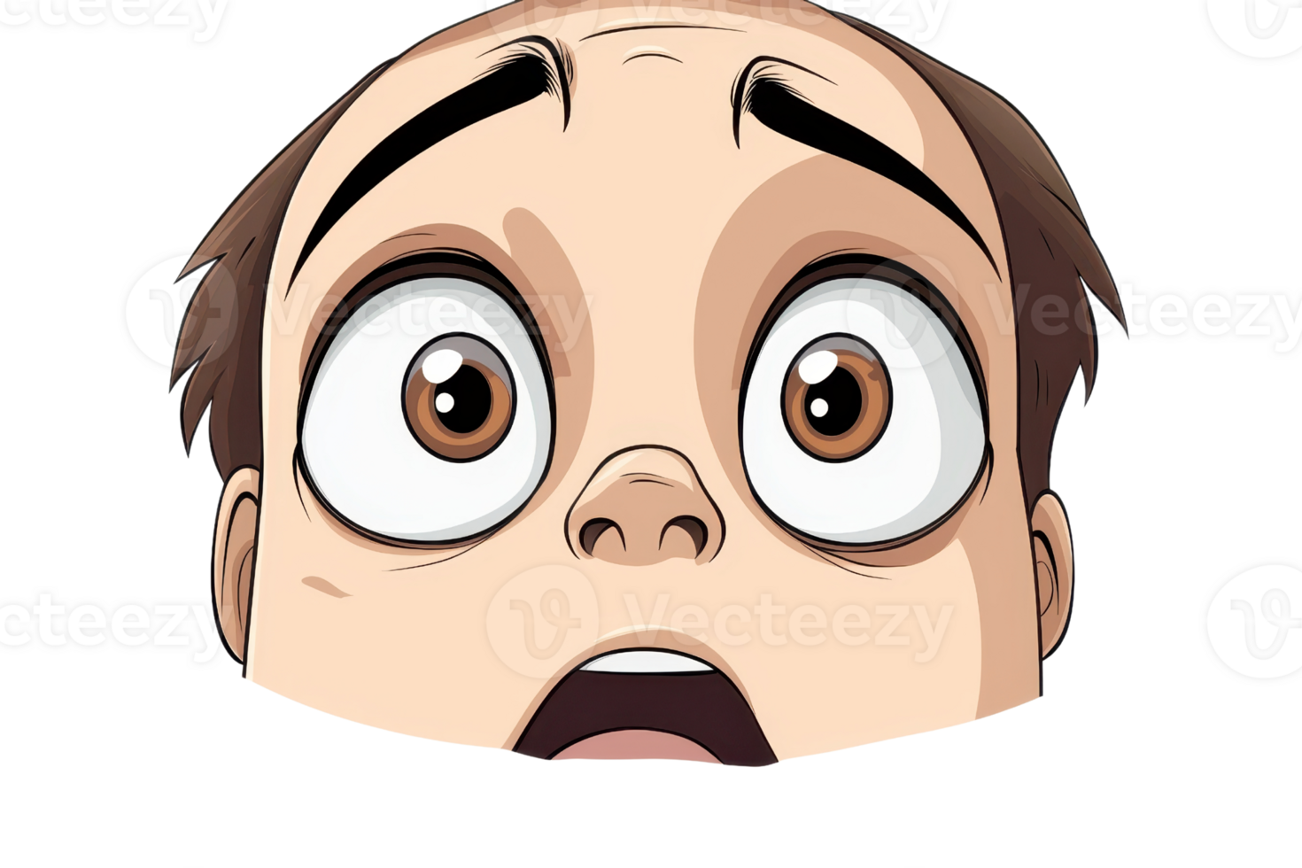 Close-up illustration of a wide-eyed, surprised cartoon face expressing shock and amazement, with exaggerated features and a vibrant look. png
