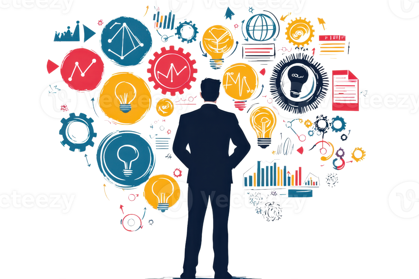 Businessman silhouette with various colorful icons representing ideas, growth, and productivity. Concept of innovation and success. png