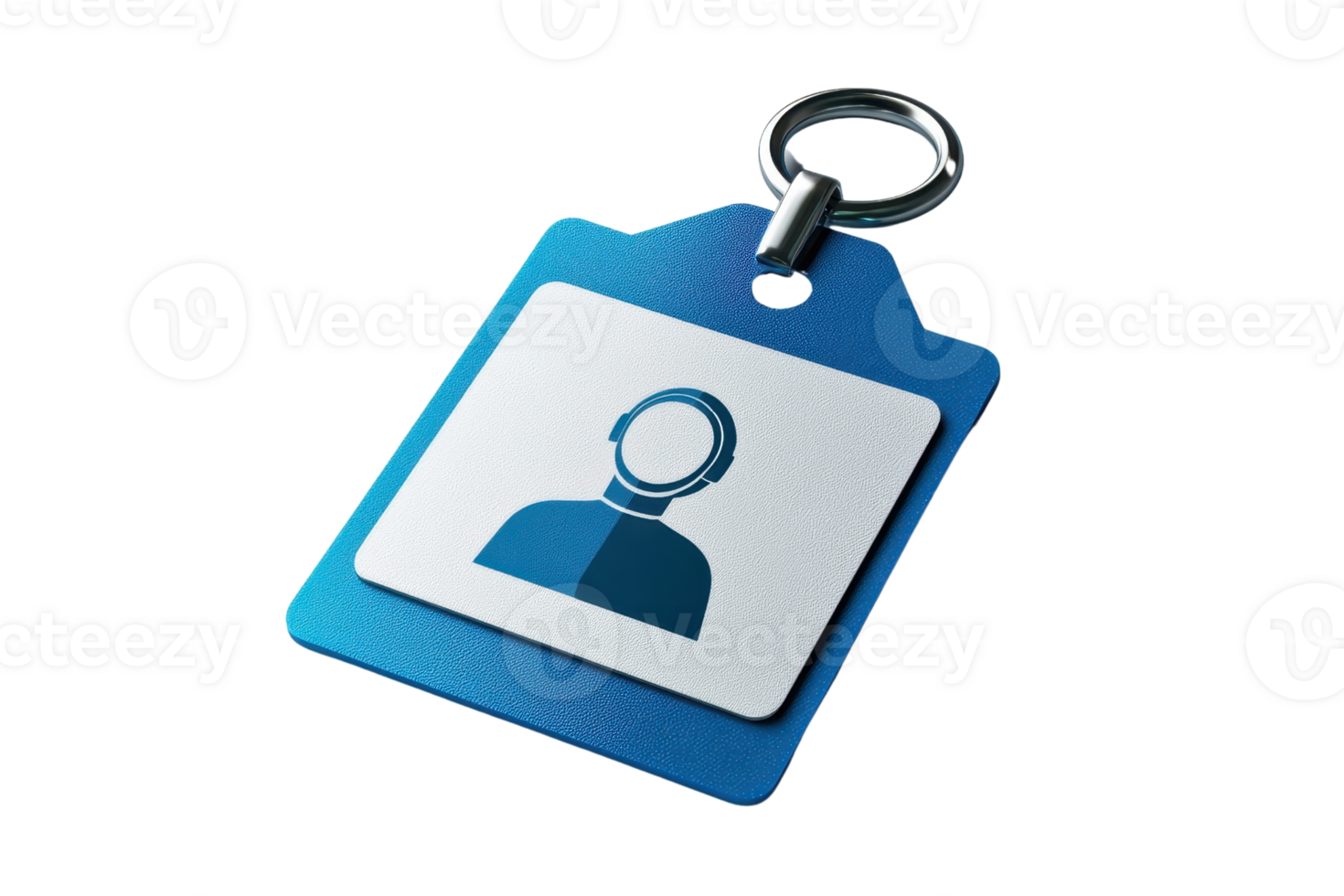 Blue metallic keychain with digital person icon on white card. Perfect for representing identity, security, and personalization concepts. png