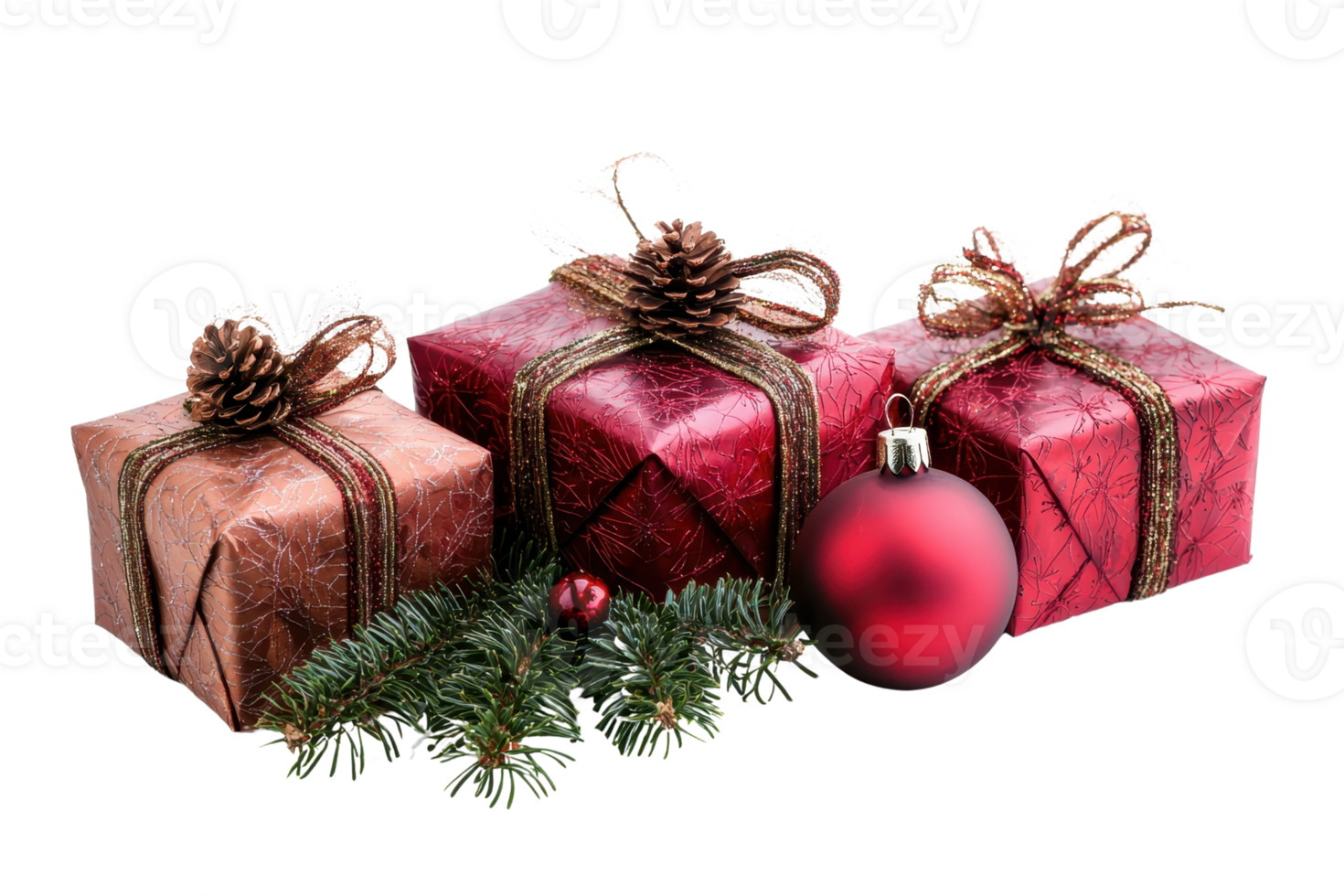 Christmas gift boxes with pine cones and bauble, surrounded by evergreen branches, creating a festive holiday atmosphere. png