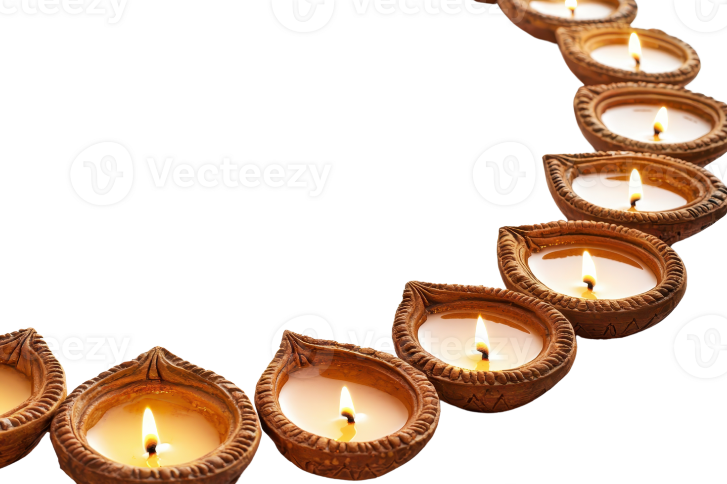 Clay oil lamps glowing in a semi-circle, perfect for festivals, celebrations, and creating a warm, inviting ambiance for any occasion. png