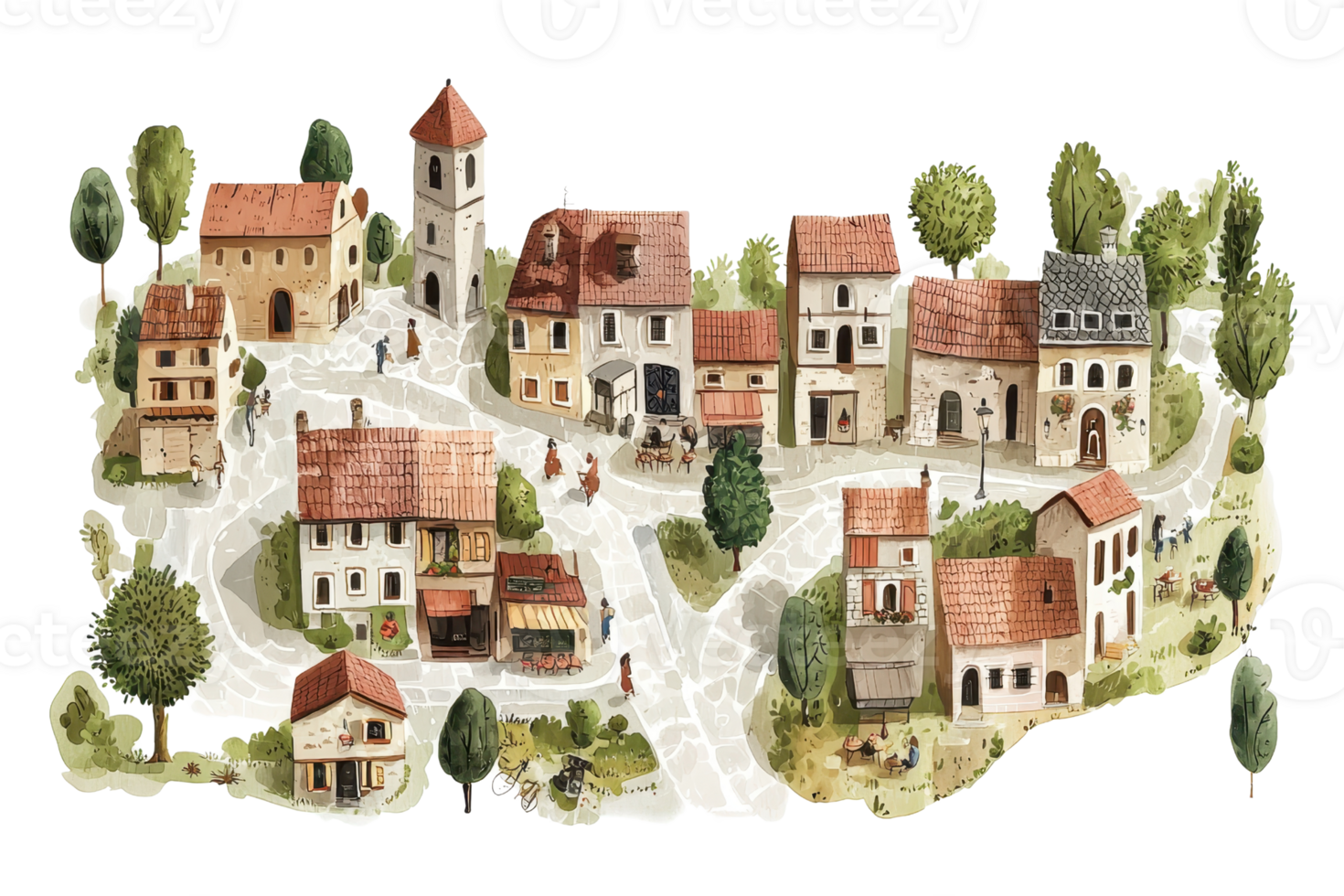 Charming watercolor illustration of a quaint village scene with rustic buildings and lush greenery, capturing a peaceful and nostalgic vibe. png