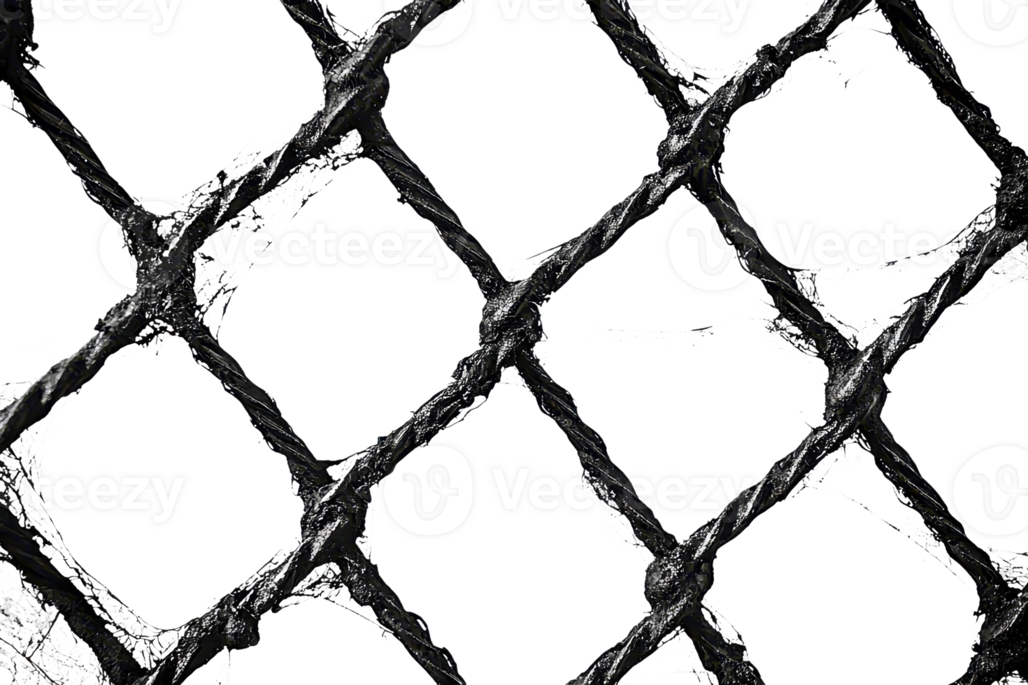 Close-up of a black chain-link fence against a transparent background. The pattern and texture of the metal mesh create an industrial aesthetic. png
