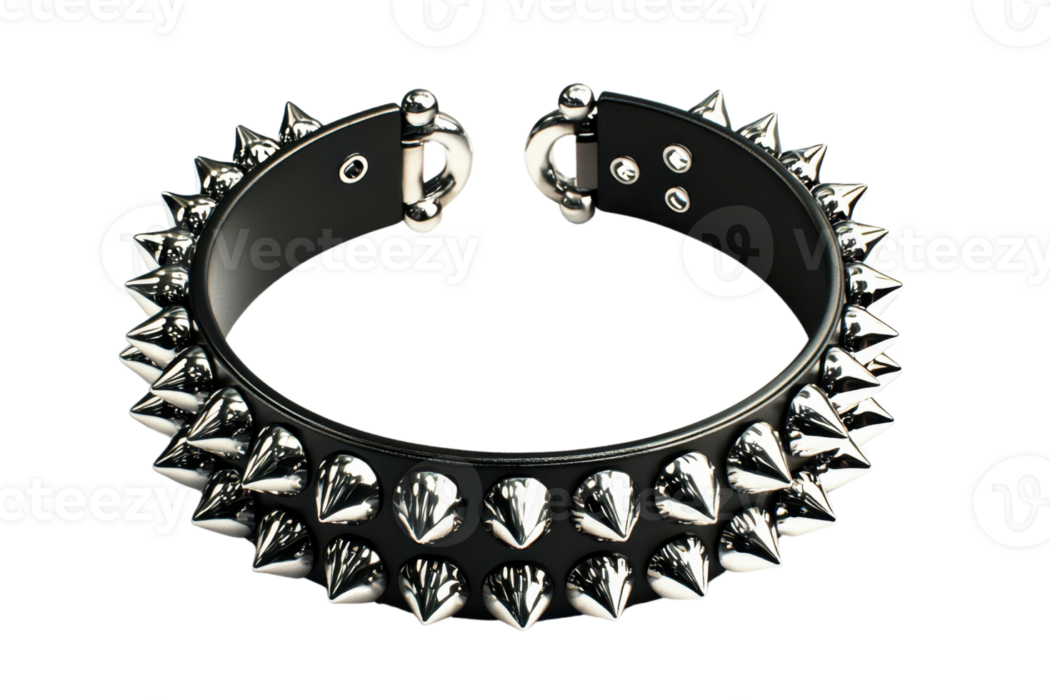 Close-up of a black leather spiked collar with metallic spikes, showcasing punk fashion and edgy style against a transparent background. png