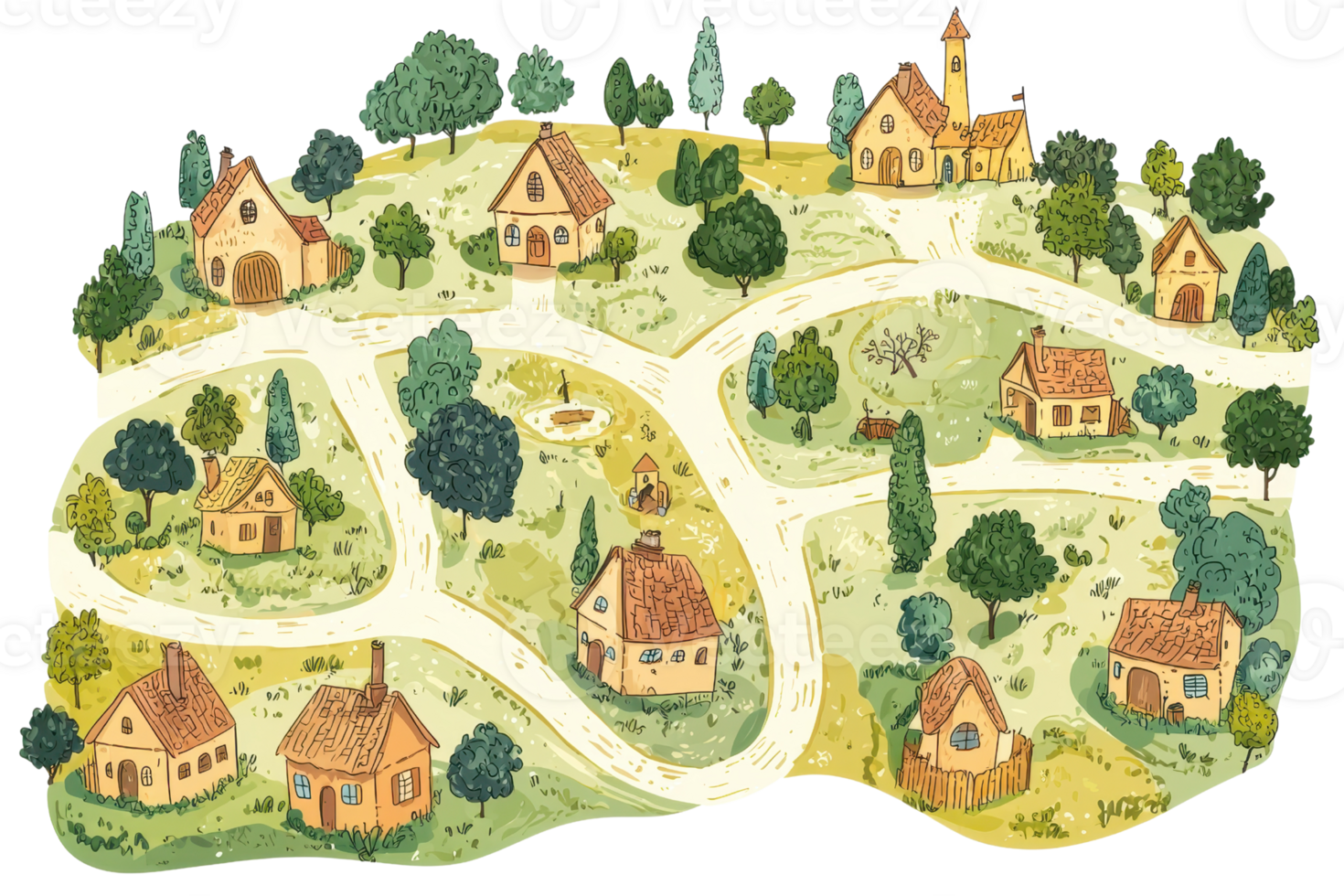Charming illustrated map of a small village with winding paths, cozy houses, and lush greenery, evoking a sense of peace and community. png