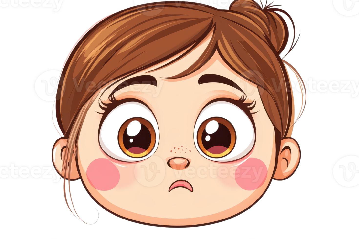 Adorable cartoon character with big eyes and a cute expression, featuring brown hair tied up. Perfect for design and illustration projects. png