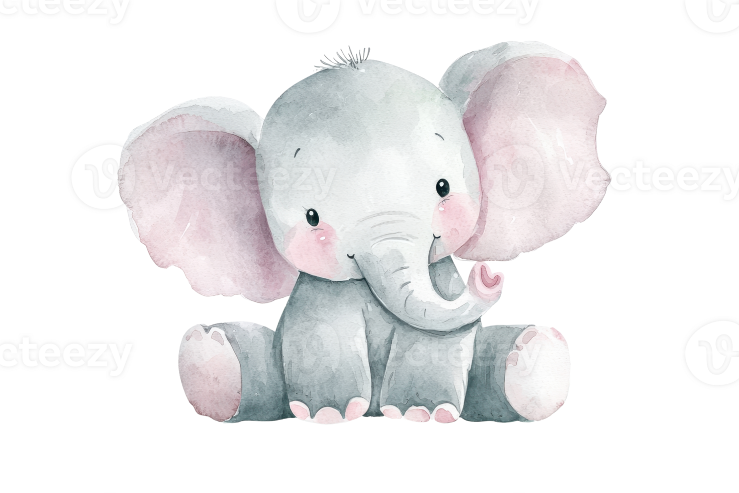 Adorable watercolor baby elephant sitting with big ears and blushing cheeks. Ideal for nursery art, greeting cards, or children's decor. png