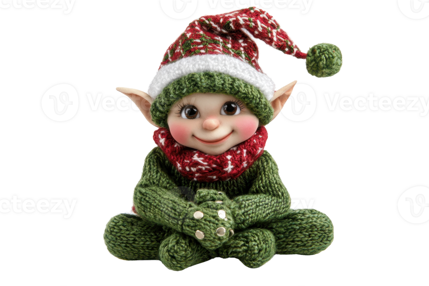 Adorable Christmas elf in knitted green outfit and red hat, sitting cross-legged with a cheerful smile. Perfect for holiday-themed projects. png