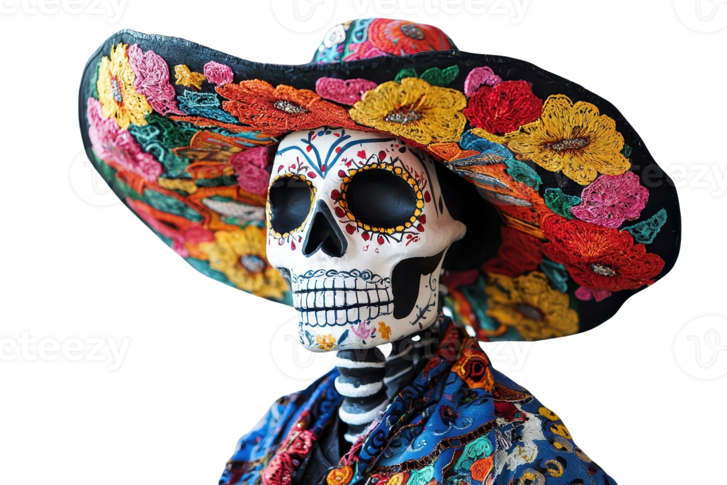 Close-up of a colorful Day of the Dead mask with floral decorations, capturing the vibrant cultural celebration. png