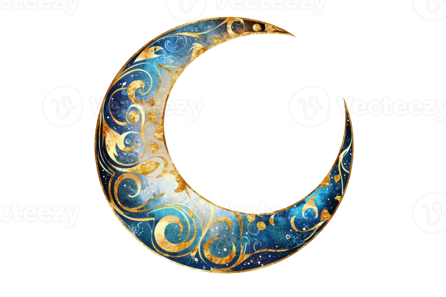 Artistic crescent moon illustration with intricate gold patterns on a blue background, embodying celestial elegance and mystical beauty. png
