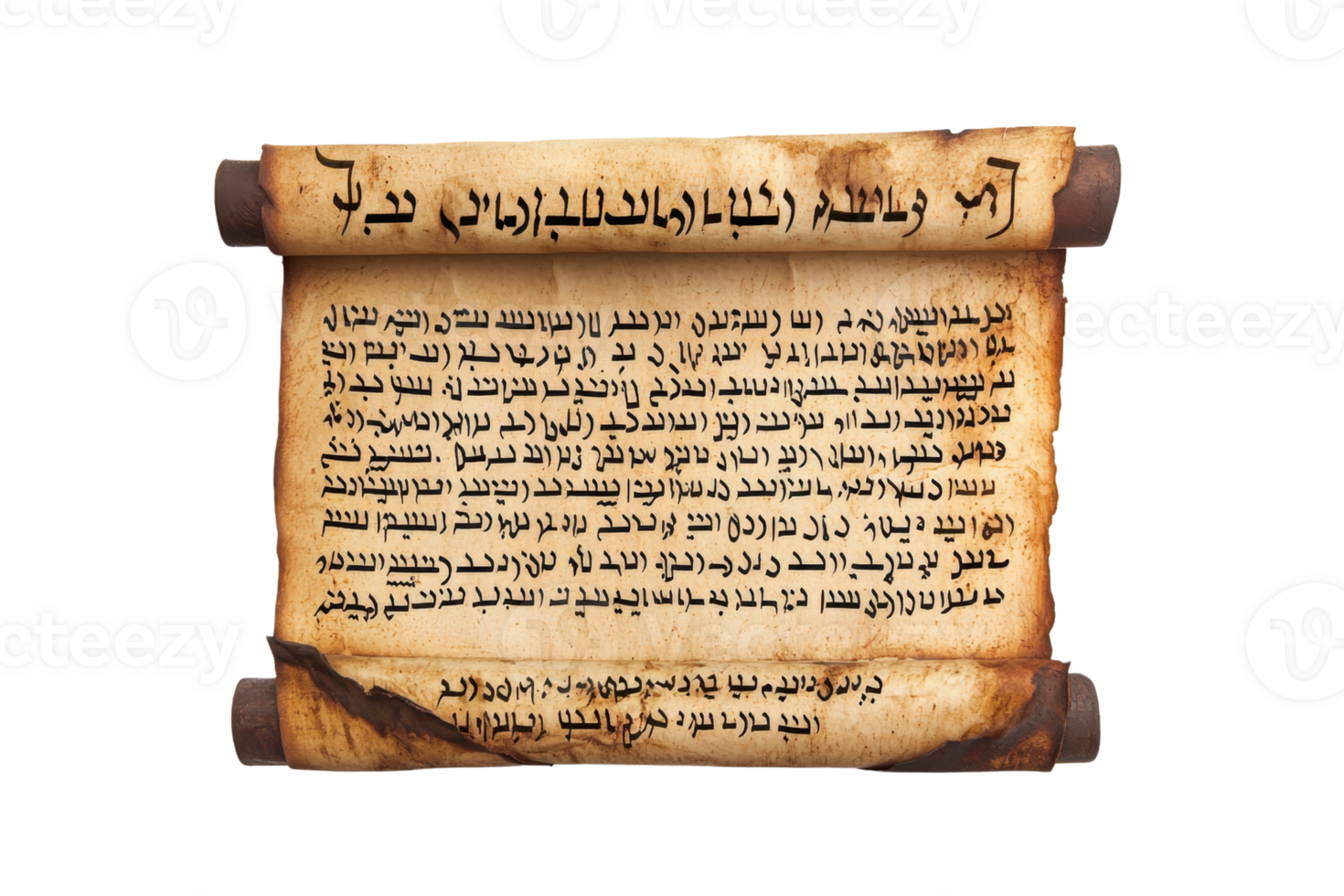 Ancient parchment scroll with textured aged paper, featuring an old script in an unknown language, ideal for historical or fantasy themes. png