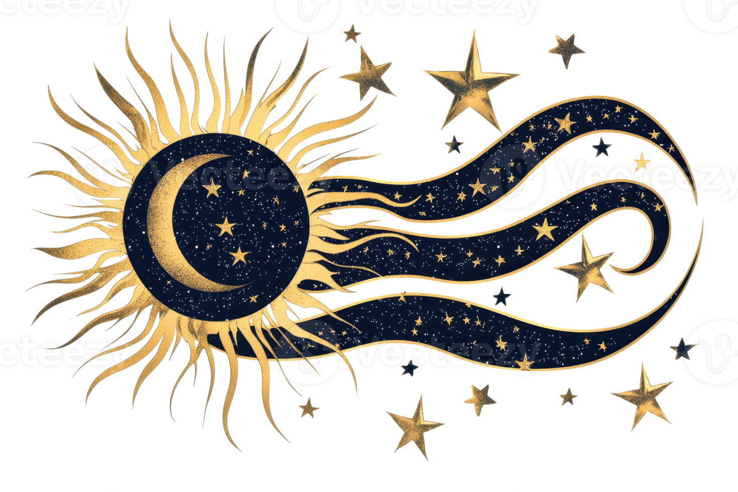 Artistic celestial design featuring a golden sun, moon, and stars in a cosmic pattern. Vibrant depiction of night sky elements. png