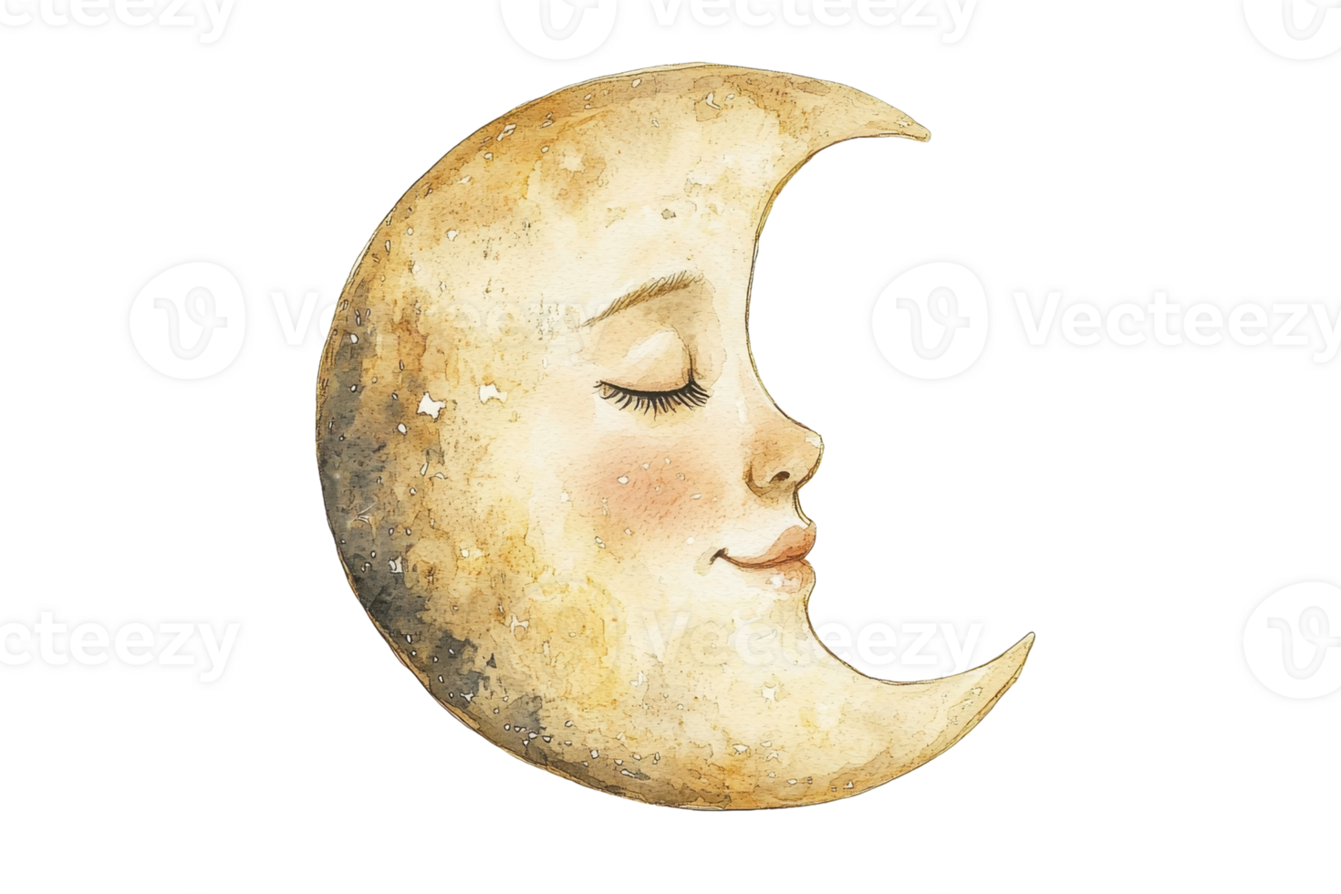 Artistic illustration of a crescent moon with a serene face, capturing celestial beauty and tranquility in a dreamlike night sky setting. png