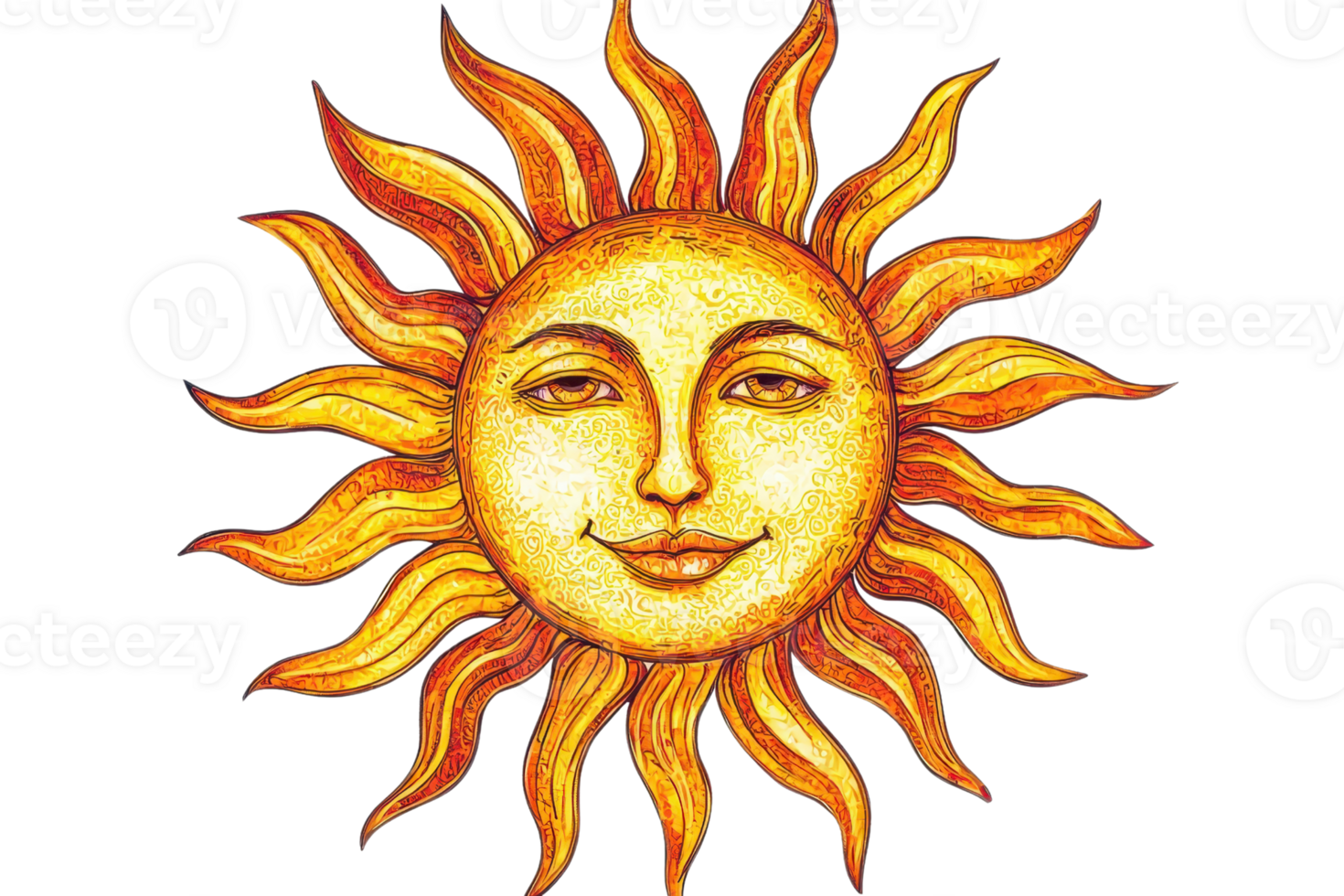 Artistic depiction of a radiant sun with a smiling face, featuring vibrant yellow and orange rays against a transparent background. png