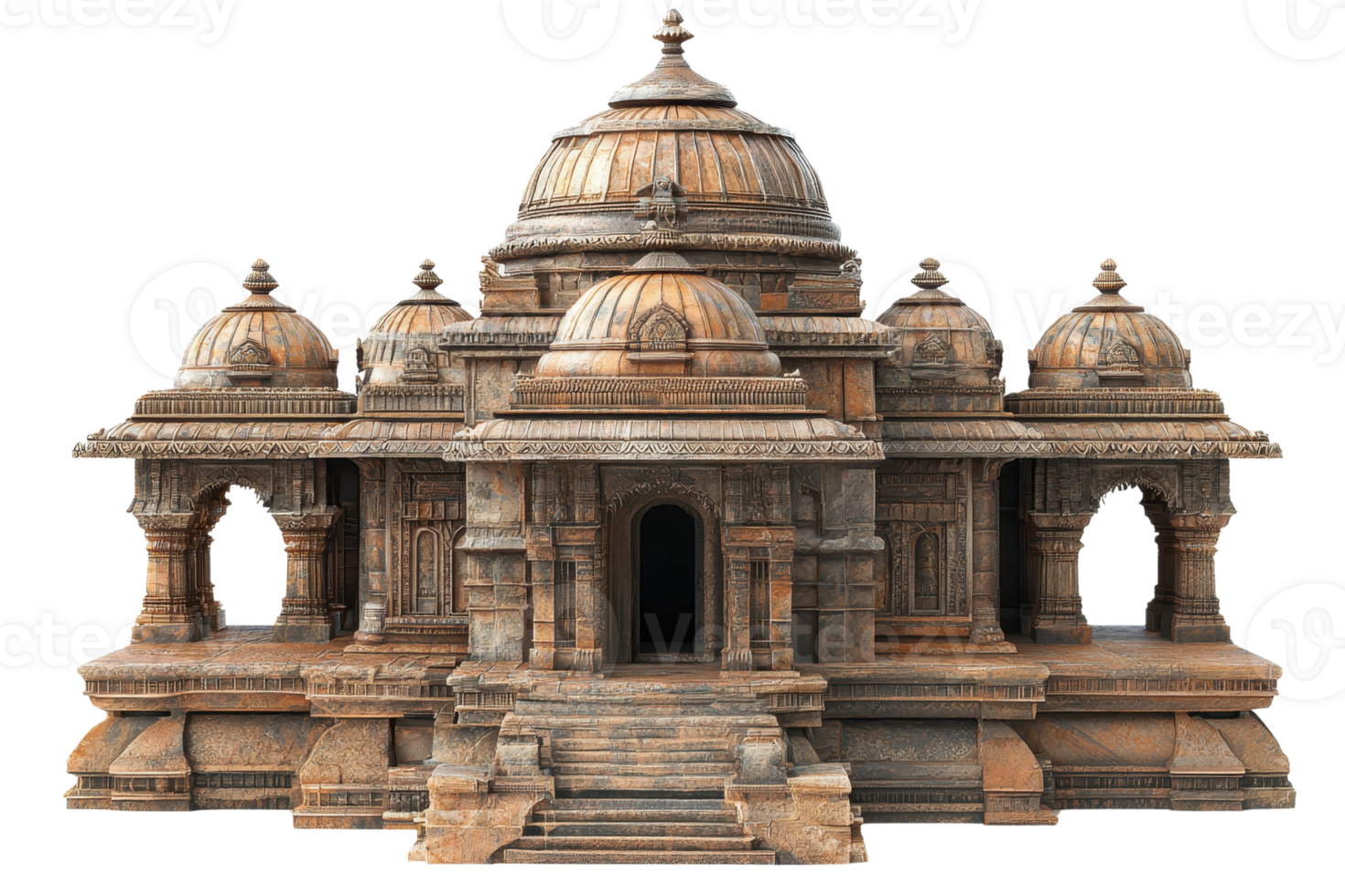 Ancient stone temple with intricate carvings showcasing traditional architecture, multiple domes, arched entrances, and ornate detail. png