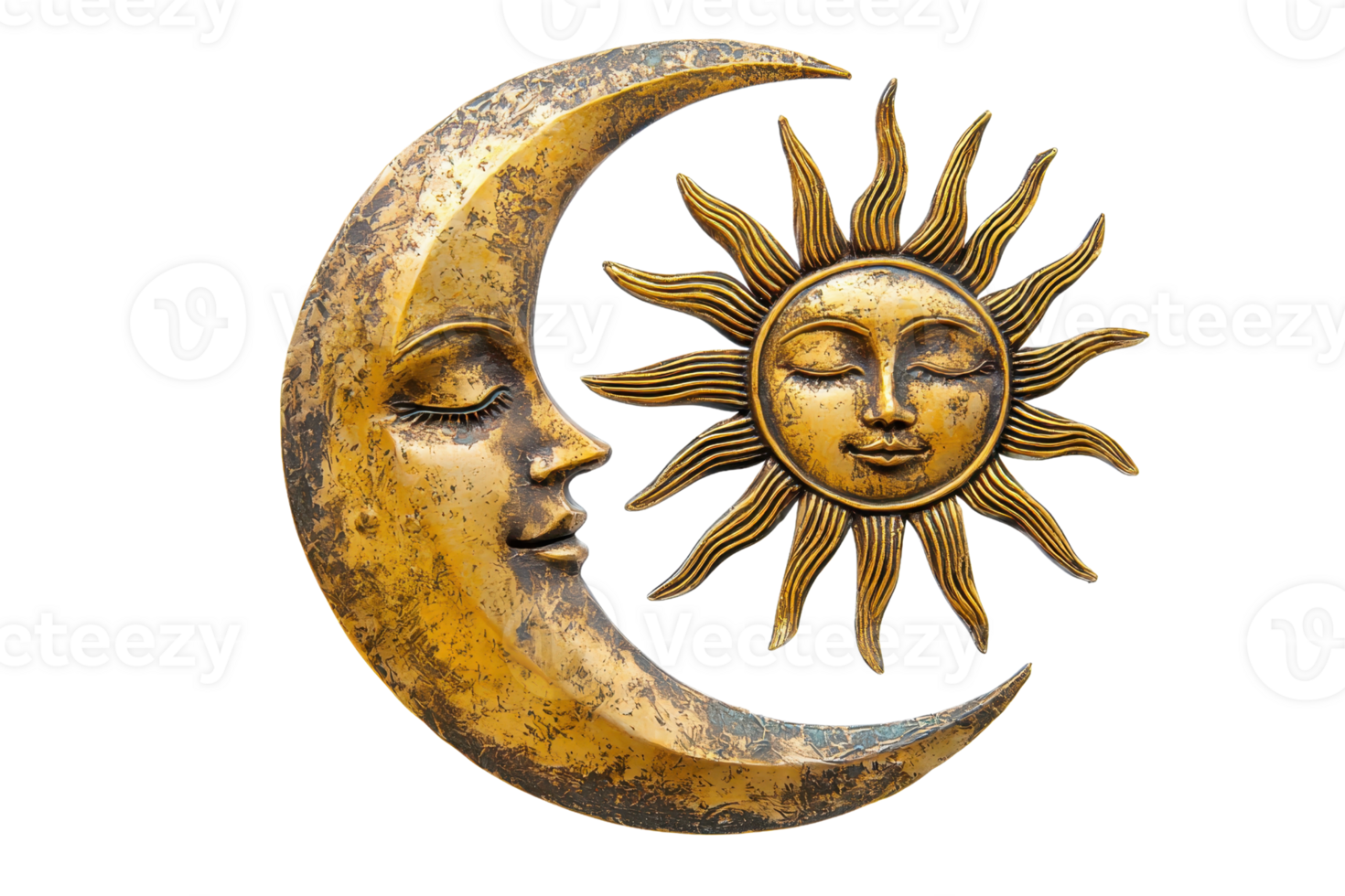 Artistic depiction of sun and moon with human faces, symbolizing balance and harmony in celestial artwork, isolated on transparent background. png