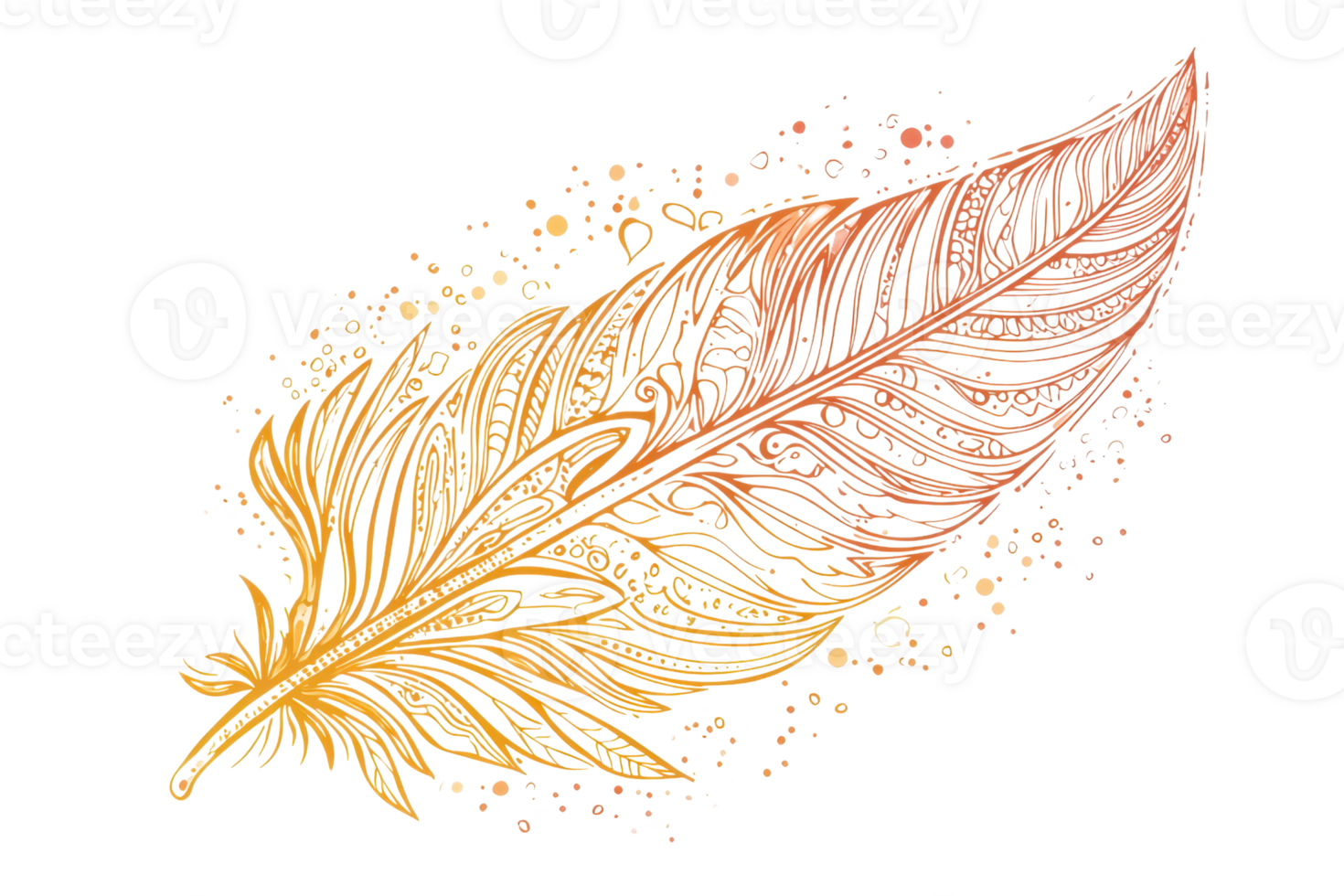 Artistic illustration of a vibrant feather in warm hues, showcasing delicate patterns and a sense of lightness and elegance. png
