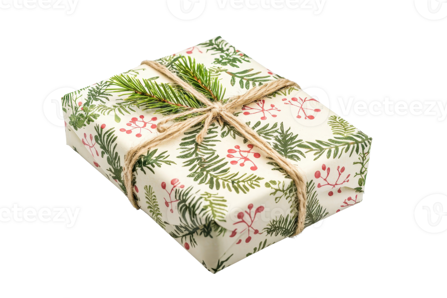 Beautifully wrapped Christmas gift with festive paper and tied with twine, decorated with greens, ideal for holiday celebrations. png
